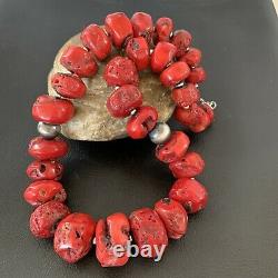 Native American Navajo Graduated Red CORAL Sterling Silver Bead 20Necklace01853