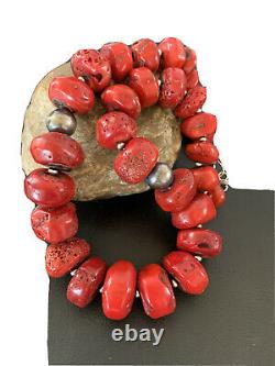 Native American Navajo Graduated Red CORAL Sterling Silver Bead 20Necklace01854