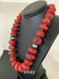 Native American Navajo Graduated Red CORAL Sterling Silver Bead 20Necklace01854