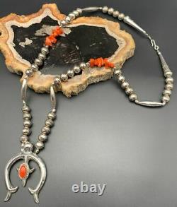 Native American Navajo Sterling Silver & Coral Beaded Necklace With Naja