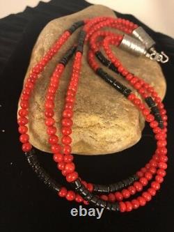 Native American Navajo Sterling Silver Coral Necklace Pendant 20 Gift 3 Strand