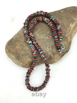 Native American Navajo Sterling Silver Heishi Turquoise Coral Necklace 22 1266