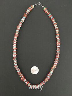 Native American Navajo Sterling Silver Heishi Turquoise Coral Necklace 22 1266