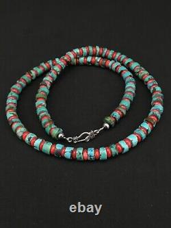 Native American Navajo Sterling Silver Heishi Turquoise Coral Necklace 22 1267