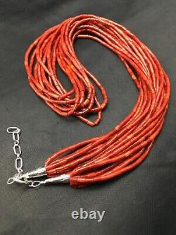 Native American Red Stabilzed Coral Heishi 10S Sterling Silver Necklace 18 4387