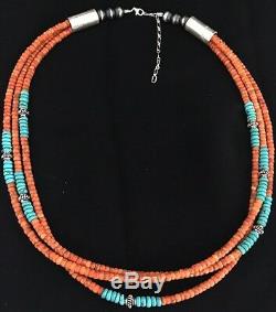Native American Sterling Silver 3 Strand Sponge Coral Turquoise Bead Necklace