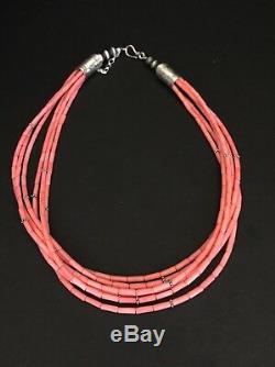 Native American Sterling Silver 6 Strand Pink Bamboo Coral Bead Necklace