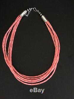 Native American Sterling Silver 6 Strand Pink Bamboo Coral Bead Necklace