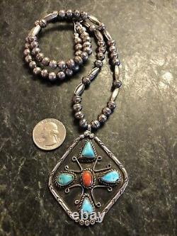 Native American Sterling Silver Bench Beads Turquoise Coral Pendant Necklace 925