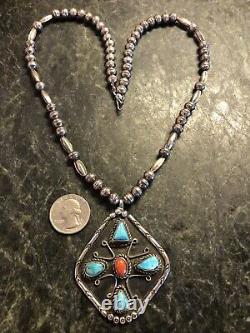 Native American Sterling Silver Bench Beads Turquoise Coral Pendant Necklace 925