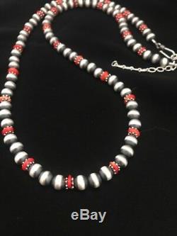 Native American Sterling Silver Navajo Pearls Coral Bead Necklace 24 Inch