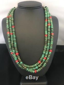Native American Sterling Silver Turquoise Coral 3 Strand Bead Necklace