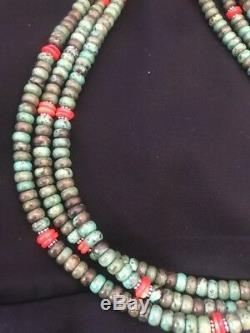 Native American Sterling Silver Turquoise Coral 3 Strand Bead Necklace
