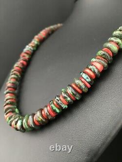 Native American Sterling Silver Turquoise Coral Bead Mens Necklace 19 1103
