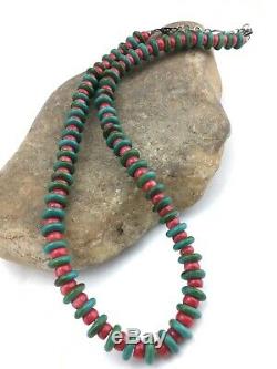 Native American Sterling Silver Turquoise Coral Bead Mens Necklace 22 3712
