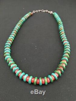 Native American Sterling Silver Turquoise Coral Bead Mens Necklace 22 3712