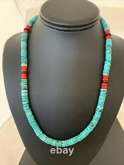 Native American Turquoise Coral 20 Heishi Sterling Silver Bead Necklace 01991