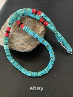 Native American Turquoise Coral 20 Heishi Sterling Silver Bead Necklace 01991