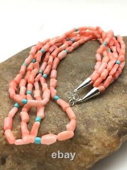Native American Turquoise Pink Coral Sterling Silver Necklace 3 Strand 19 4389
