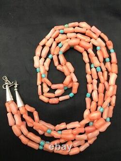 Native American Turquoise Pink Coral Sterling Silver Necklace 3 Strand 19 4389