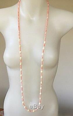 Natural ANGEL SKIN CORAL & Carved Bead Vintage Necklace LONG 106cm