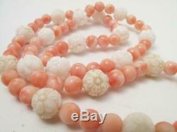 Natural Angel Skin Coral & Carved Flower White Coral Bead Necklace Vintage