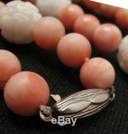 Natural Angel Skin Coral & Carved Flower White Coral Bead Necklace Vintage