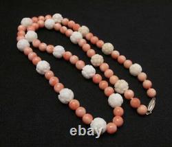 Natural Angel Skin Coral & Carved Flower White Coral Bead Necklace Vintage Asian