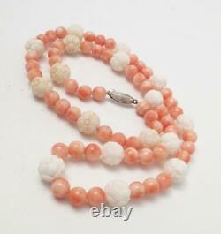 Natural Angel Skin Coral & Carved Flower White Coral Bead Necklace Vintage Asian