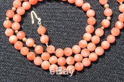 Natural Angel Skin Pink Coral Solid 14k Yellow Gold Beaded Necklace 18 Long