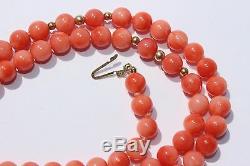 Natural Angel Skin Pink Coral Solid 14k Yellow Gold Beaded Necklace 18 Long