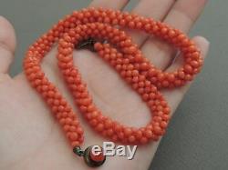 Natural Chinese Woven Coral Beaded Necklace Silver Clasp