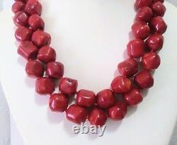 Natural Coral Necklace Red Nugget Bead Hand Knotted Double Strand Sterling Clasp