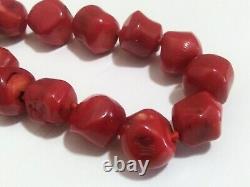 Natural Coral Necklace Red Nugget Bead Hand Knotted Double Strand Sterling Clasp
