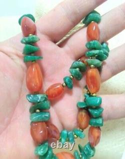 Natural Coral & Turquoise Stones Old Vintage With Brass Beads Clasp Necklace