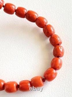 Natural Mediterranean Red Coral Barrel Bead & Solid 14k Yellow Gold Necklace New