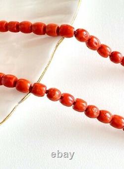 Natural Mediterranean Red Coral Barrel Bead & Solid 14k Yellow Gold Necklace New