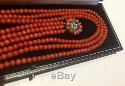 Natural NO dye RED coral beads turquoise 9k gold necklace