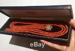 Natural NO dye RED coral beads turquoise 9k gold necklace