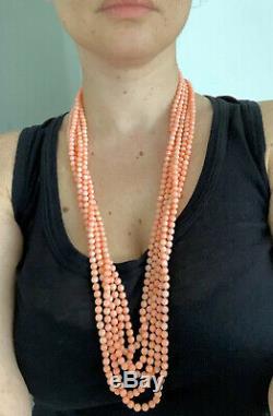 Natural Pink Coral 5-Strand Bead Necklace and Diamond Gold Clasp