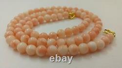 Natural Pink coral round beads necklace gold plated silver 6mm