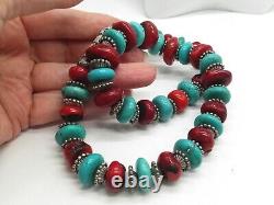 Natural Red Coral and Turquoise Roundel Bead Necklace with Silver Spacer Vintage