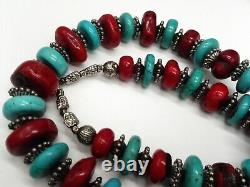 Natural Red Coral and Turquoise Roundel Bead Necklace with Silver Spacer Vintage