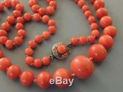 Natural Red NO DYE Coral Bead Necklace Sterling Cabochon Clasp