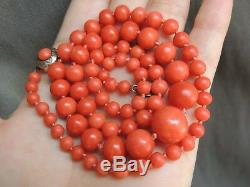 Natural Red NO DYE Coral Bead Necklace Sterling Cabochon Clasp