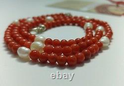 Natural italian Red Coral necklace 4.6 mm beads, pearls, sterling silver clasp