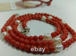 Natural italian Red Coral necklace 4.6 mm beads, pearls, sterling silver clasp