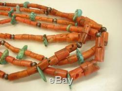 Navajo 4 Strand Mediterranean Coral Turquoise Sterling Silver Beads Necklace OLD