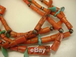 Navajo 4 Strand Mediterranean Coral Turquoise Sterling Silver Beads Necklace OLD