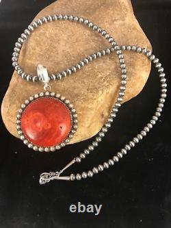 Navajo American Apple Coral Sponge Bead Sterling Silver Necklace Pendant S1326